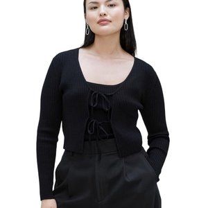 Everlane Black Ribbed Knit The Cotton Merino Wool Front Tie Top Cardigan XL